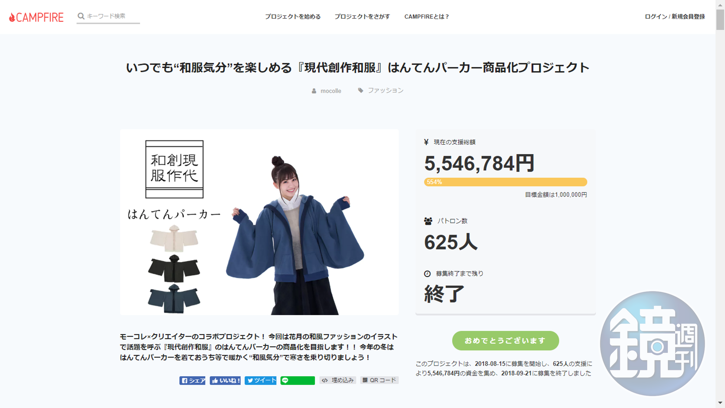 「袢纏帽套」共募得金額（超過5千萬日幣）是原定目標554％。（翻攝CAMPFIRE官方網站）