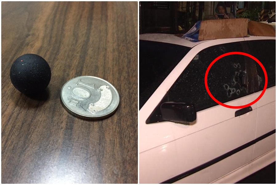 黃姓男子的轎車，遭十餘枚塑膠鎮暴槍子彈射破車窗。（翻攝畫面）