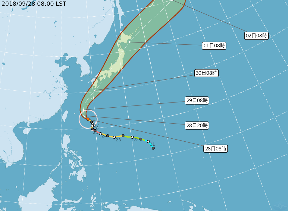 潭美颱風移動方向已經開始轉朝西北，今天深夜到明天凌晨才會逐漸轉向朝東北，往沖繩西方海面移動。（翻攝自中央氣象局）