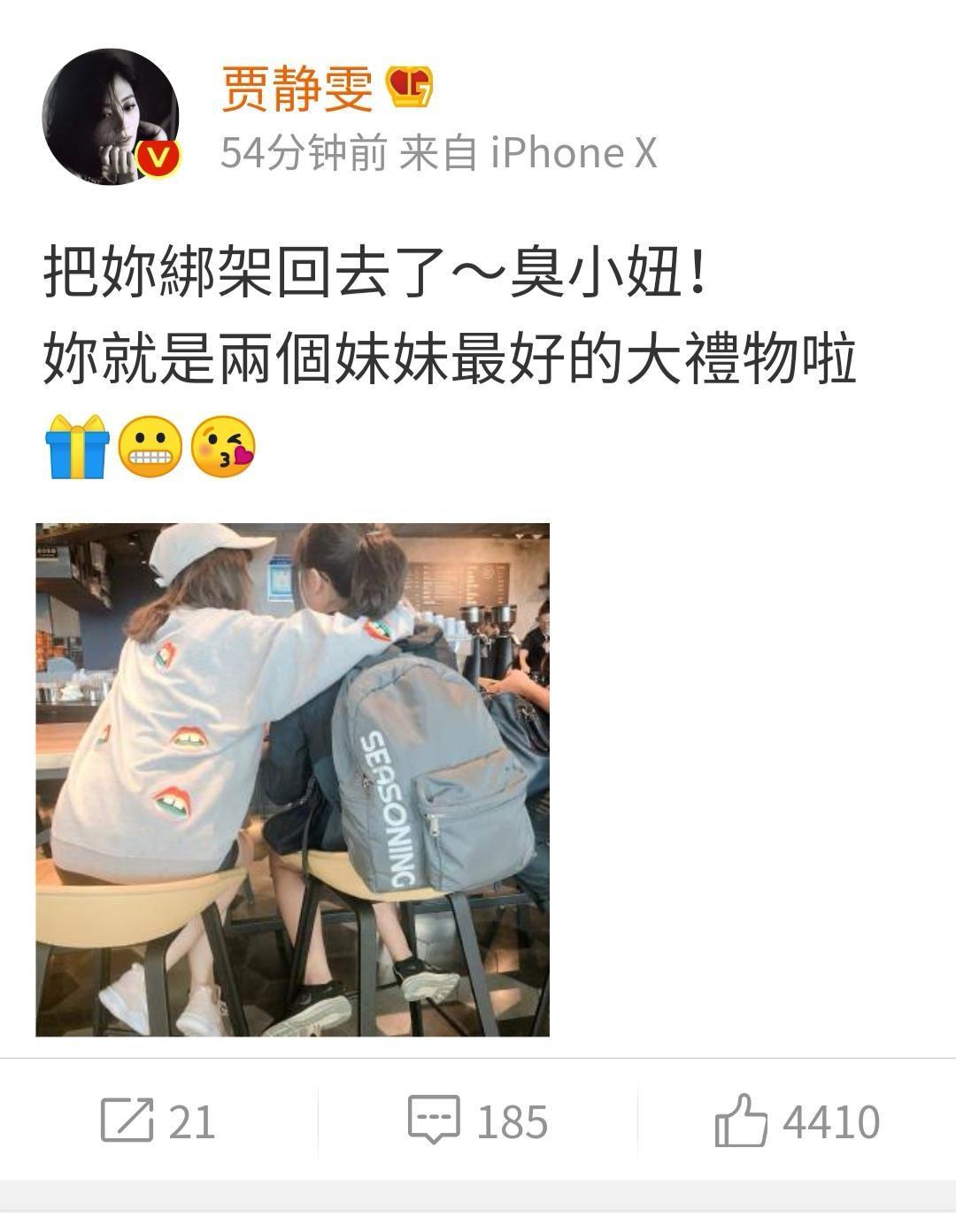 賈靜雯(左)單手摟著梧桐妹。(翻攝自微博)