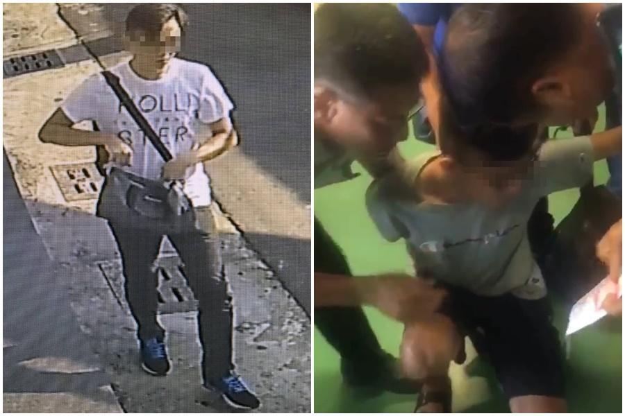 警方調閱監視器發現歹徒清晰影像(左圖),循線鎖定犯案歹徒;年僅27歲的麥姓搶匪(右圖)因積欠賭債竟然搶銀行,被警方埋伏在百貨賣場裡逮個正著。(警方提供)