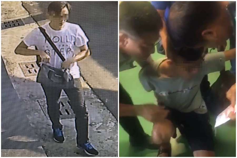 警方調閱監視器發現歹徒清晰影像（左圖），循線鎖定犯案歹徒；年僅27歲的麥姓搶匪（右圖）因積欠賭債竟然搶銀行，被警方埋伏在百貨賣場裡逮個正著。（警方提供）