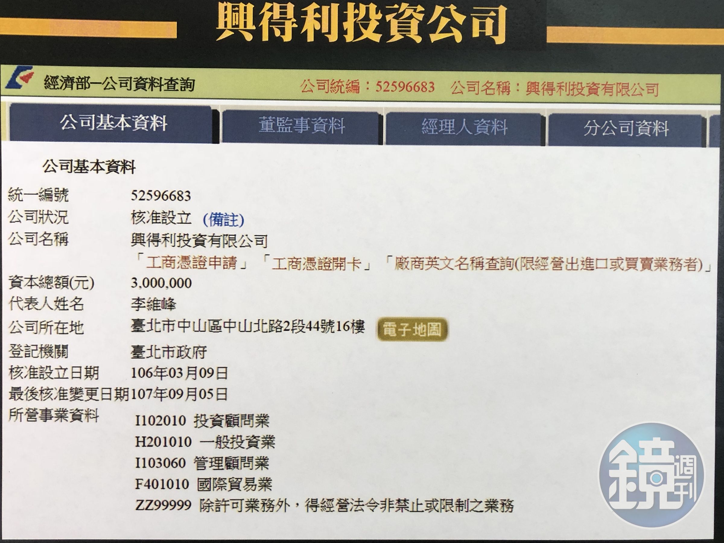黃國昌追查，興得利公司所地在，與慶富造船公司台北辦公室同一處，就連辦公室電話也一樣。（黃國昌提供）
