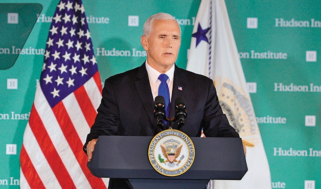 美國副總統彭斯10月4日針對中美關係的演講，引起國際譁然。（翻攝自Hudson Institute）