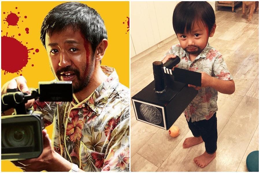 插畫家彎彎把兒子扮成《一屍到底》的導演濱津隆之。(左圖翻攝網路,右圖翻攝彎彎IG)