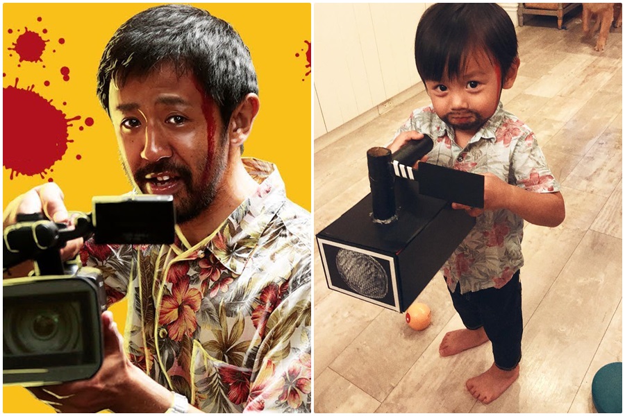 插畫家彎彎把兒子扮成《一屍到底》的導演濱津隆之。（左圖翻攝網路，右圖翻攝彎彎IG）