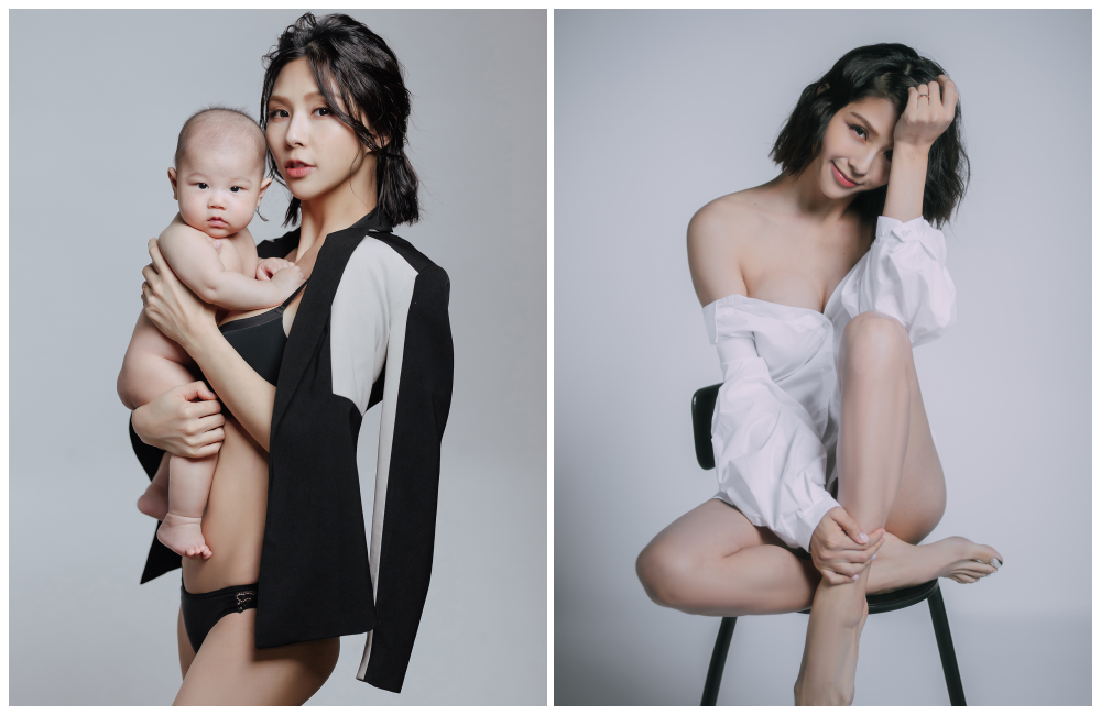 詹乃蓁抱著兒子一同拍寫真，自豪兒子遺傳她的名模基因，完全不怕鏡頭。（伊林娛樂提供）
