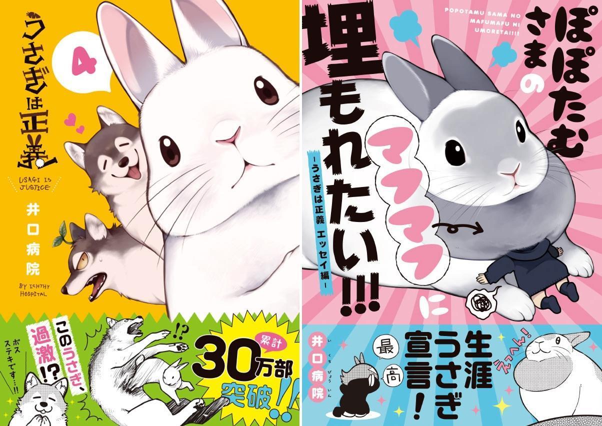 井口病院最新的 2 本兔子大作《兔子即是正義》和《想埋在蒲蒲大人軟綿綿的毛中!!!-兔子即是正義 隨筆》封面。