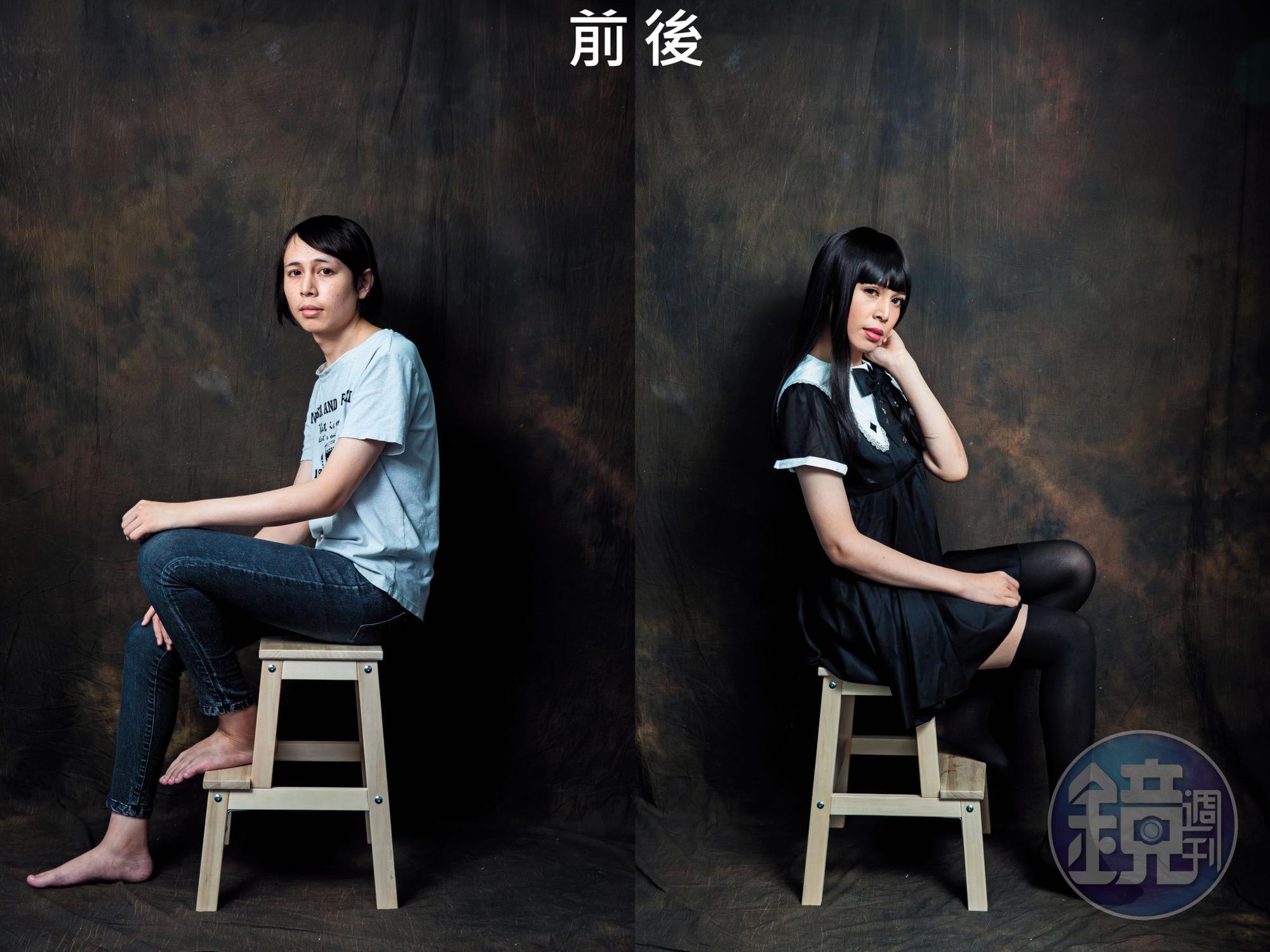 換上女裝的芷妍，一改男裝時的不自在，舉手投足、千嬌百媚。（彩妝＋寫真照2,000元／次）