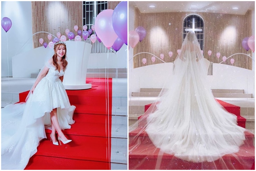 茵聲昨（14日）在IG曬出一系列身穿白紗的美照，引起網友揣測莫非好事近了。（翻攝自茵聲IG）