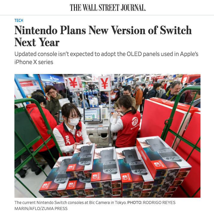 《華爾街日報》近日針對 Switch 主機的報導。(圖片來源:網頁截圖)