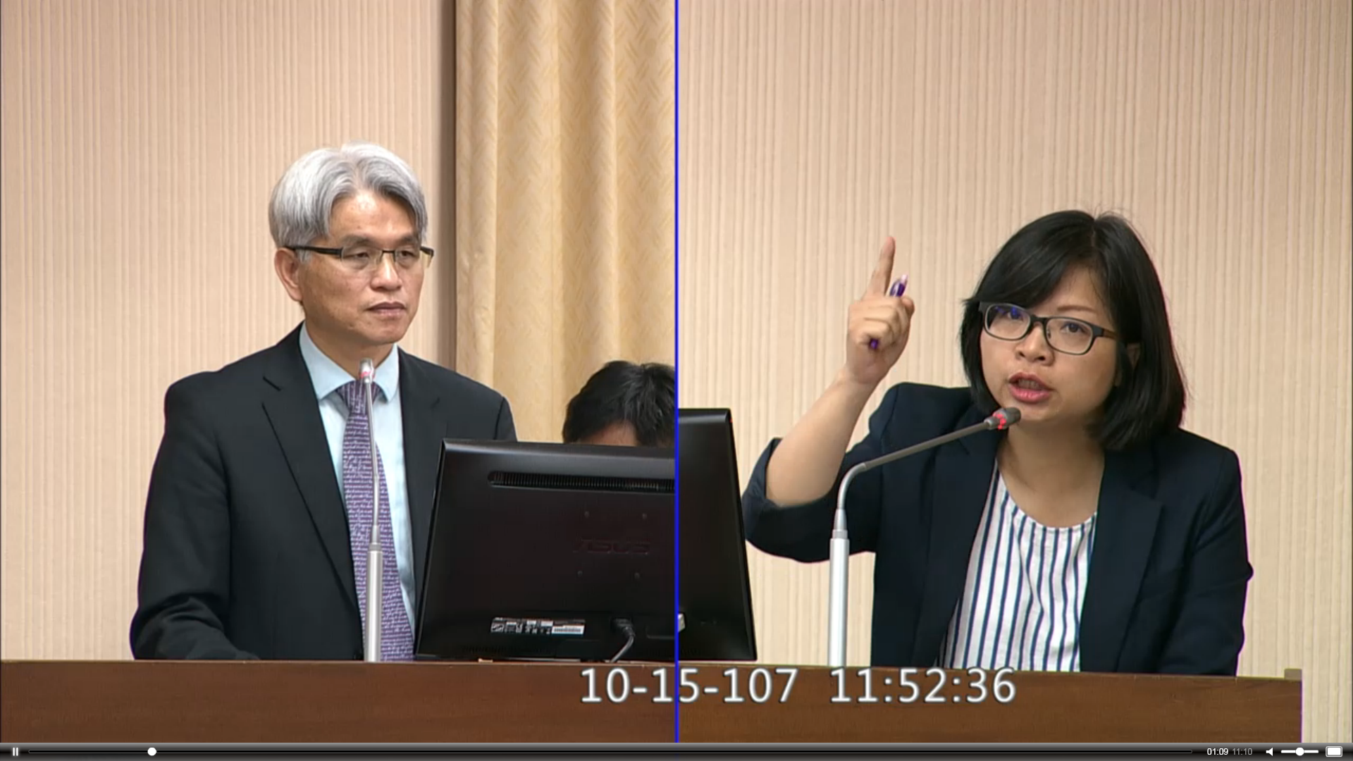 民進黨立委林淑芬(右)15日質詢中選會主委陳英鈐(左),質疑公投開票模擬影片未唱票就統計,恐引起民眾不信任及諸多問題。(翻攝自立法院)