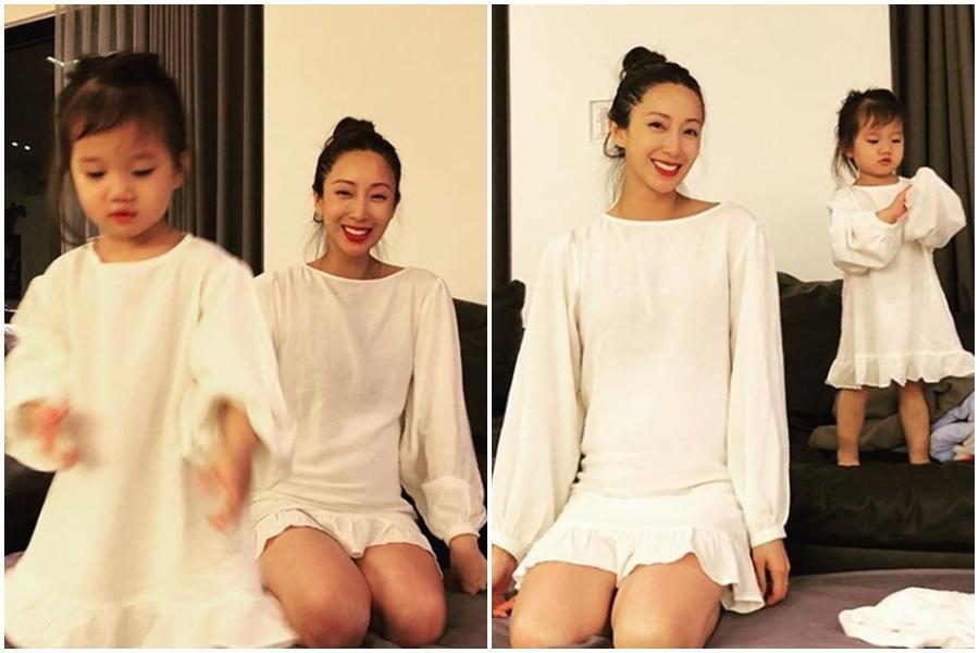 隋棠今(17日)在IG曬出和女兒Lucy穿母女裝的照片,7月孕肚照曝光。(翻攝自隋棠IG)