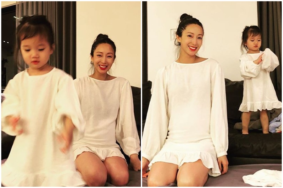 隋棠今（17日）在IG曬出和女兒Lucy穿母女裝的照片，7月孕肚照曝光。（翻攝自隋棠IG）