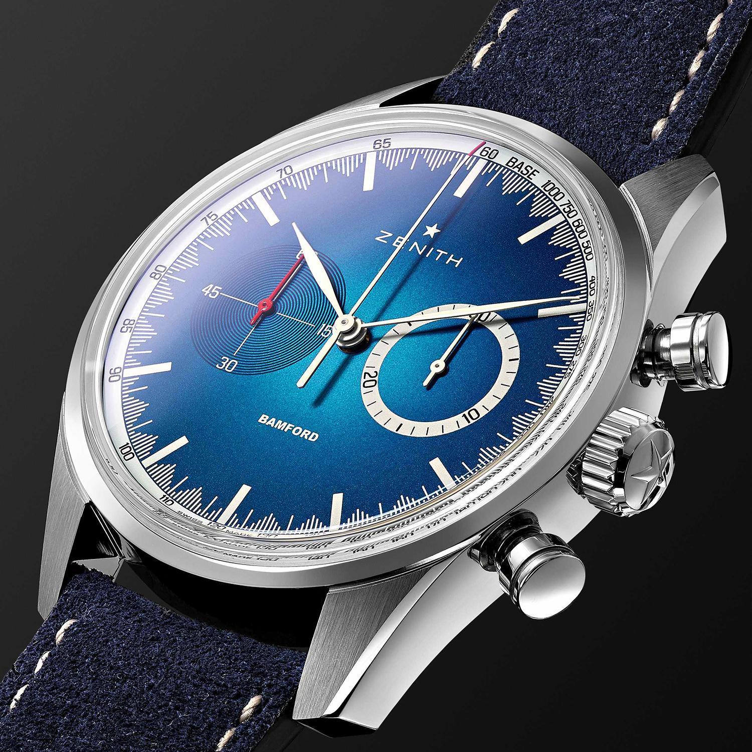 ZENITH x BWD Chronomaster El Primero Solar Blue 38mm限量款,汲取歷史錶款為設計靈感,包括俐落的兩個功能盤設計,細節亮點則是紅色小秒針與分鐘刻度的樣式。