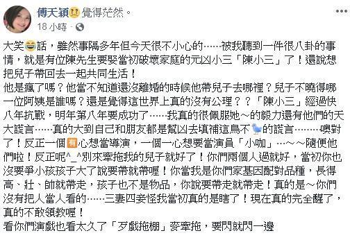 傅天穎昨（17日）在臉書上抒發心情，痛批陳子強娶小三還想帶走兒。（翻攝自傅天穎臉書）