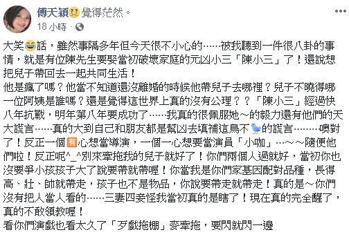 傅天穎昨(17日)在臉書上抒發心情,痛批陳子強娶小三還想帶走兒。(翻攝自傅天穎臉書)