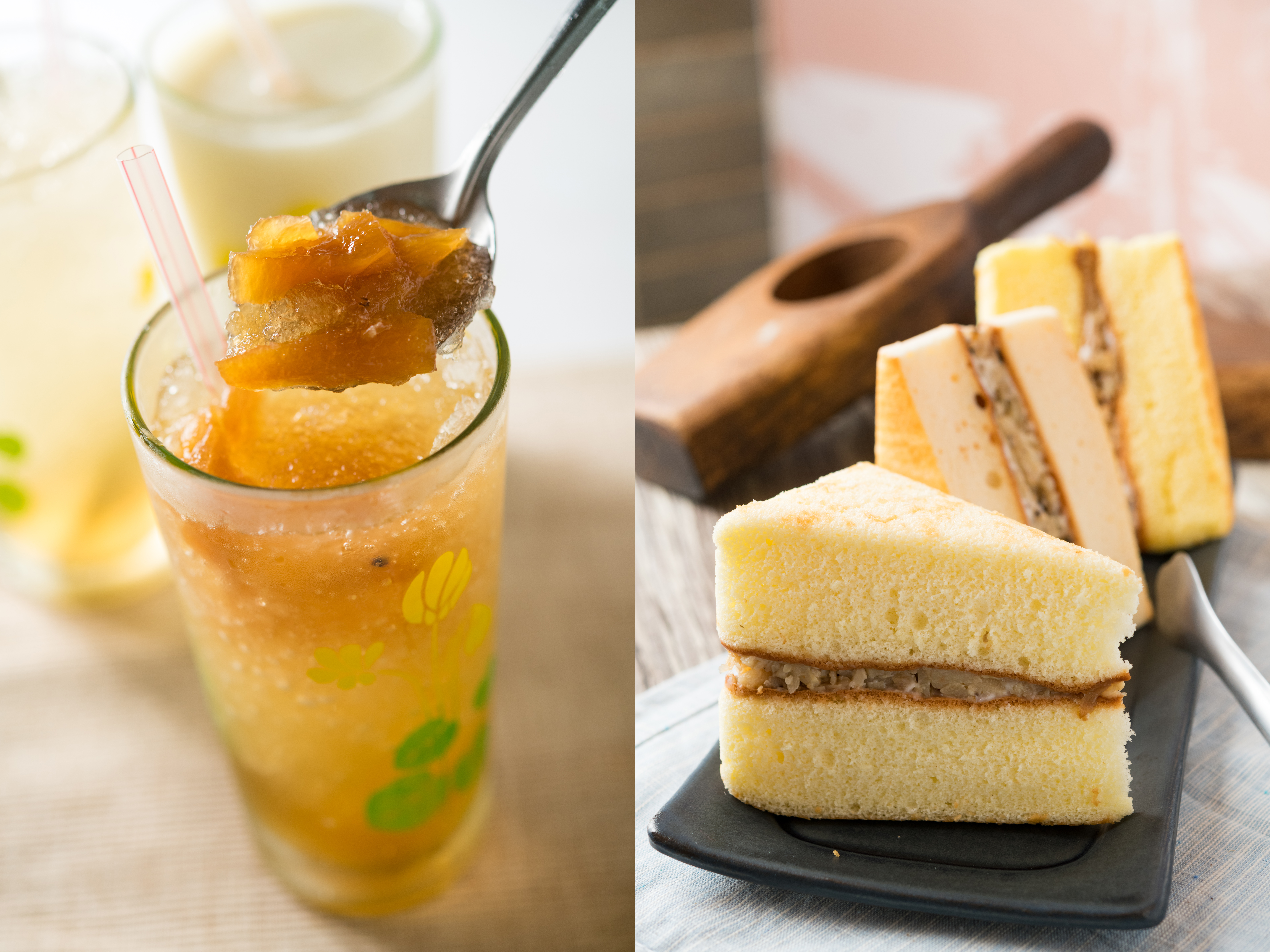 手熬的古早味「鳳梨冰」，碰上夾入清爽筍丁的「鹹蛋糕」，就是一套甜蜜質樸的豐原式下午茶。