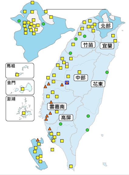雲嘉南部分地區空氣品質差，達「對敏感族群不健康」程度。（環保署空氣監測）