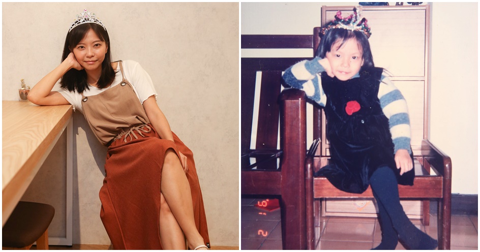 舊照裡的許靈勻參加幼稚園的活動，打扮成公主的模樣（右圖）。現在的她比過去更有自信，當了演員，重現當時照片的模樣（左圖）。