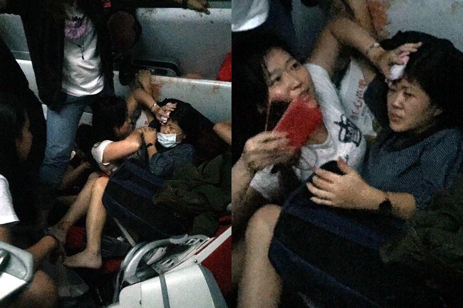 戴太太（白衣者）發現乘客受傷，不管自己身體不適，立即為她加壓止血（右圖）；該女士腳部骨折、頭部受傷，所幸同車乘客戶相幫忙，讓她能順利獲救。（左圖）
