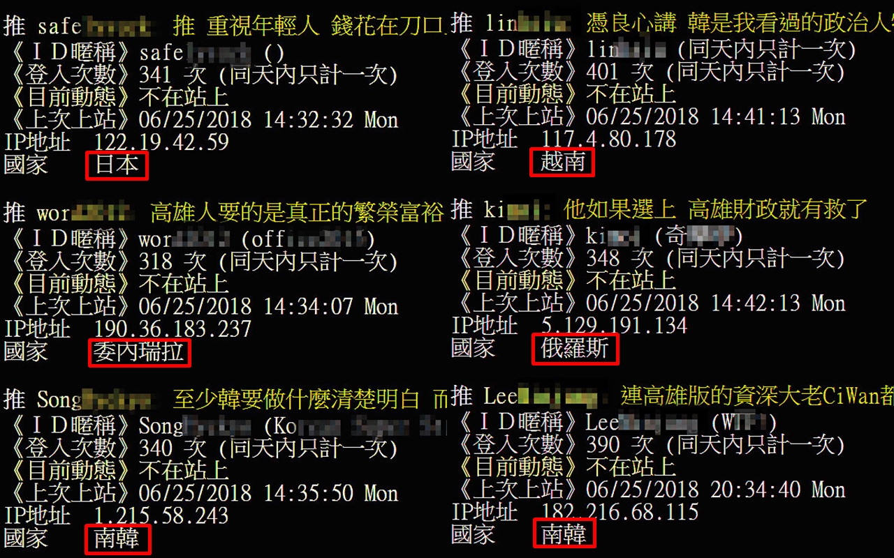 韓國瑜在PTT熱度飆高，但在相關新聞推文的網友IP卻被肉蒐來自世界各國。（翻攝自PTT）