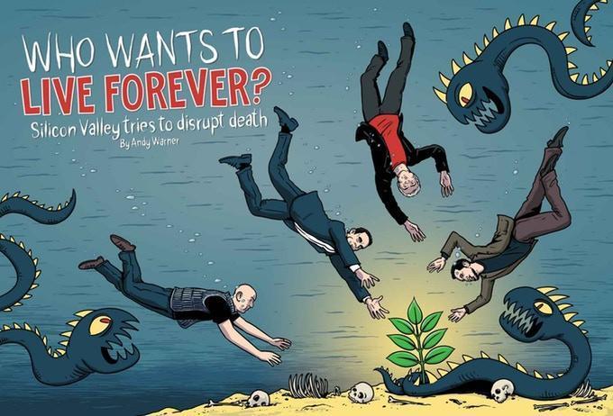 《死亡》中的〈誰想要長生不老?〉討論矽谷抗老化研究背後的關鍵角色。(截自雜誌。)