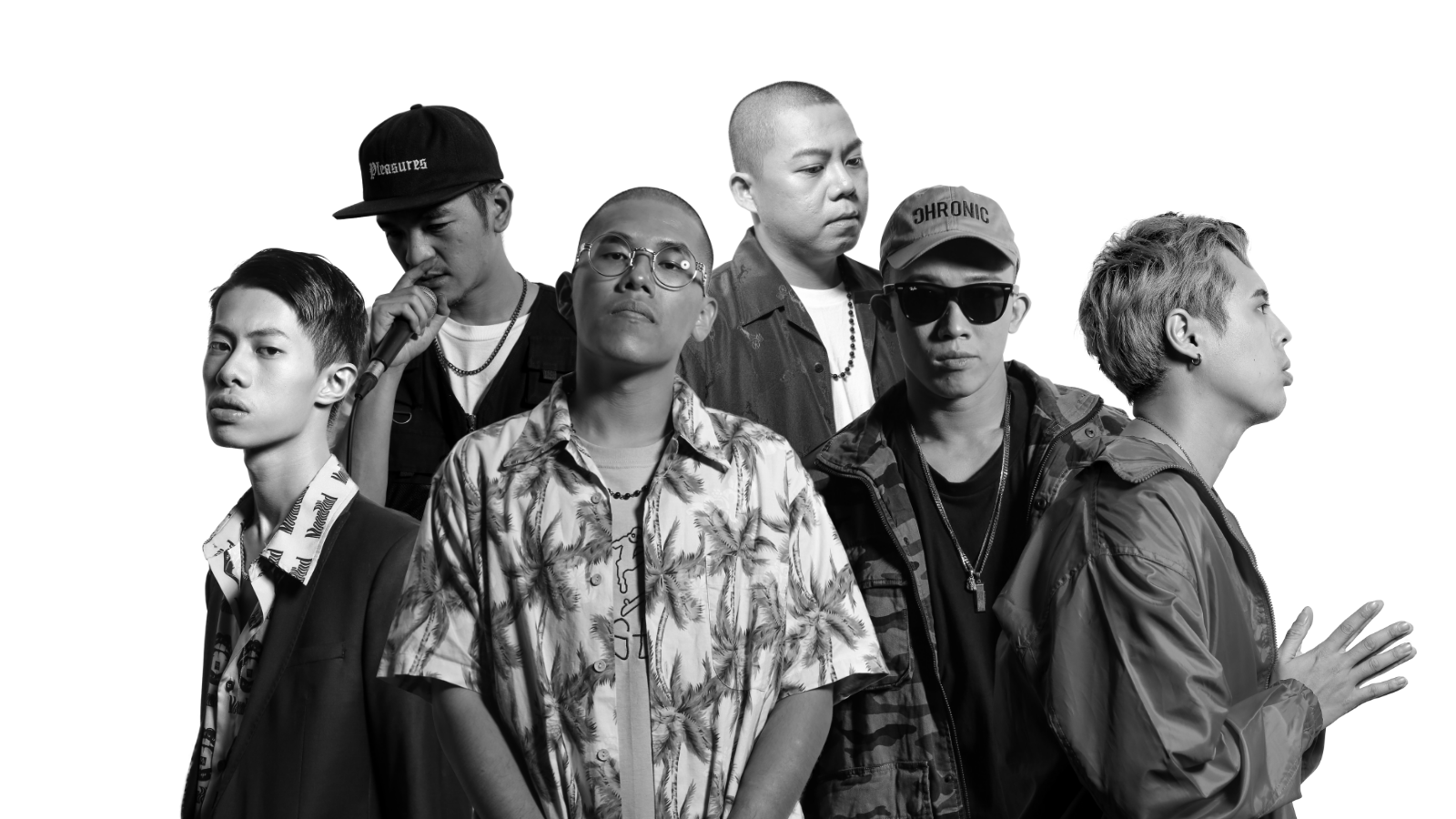 嘻哈品牌「龍虎門」集結莫宰羊（由左至右）、三小湯、Dudu King、小人、大衛.蕭及SOWUT跨界合作。（龍虎門提供）