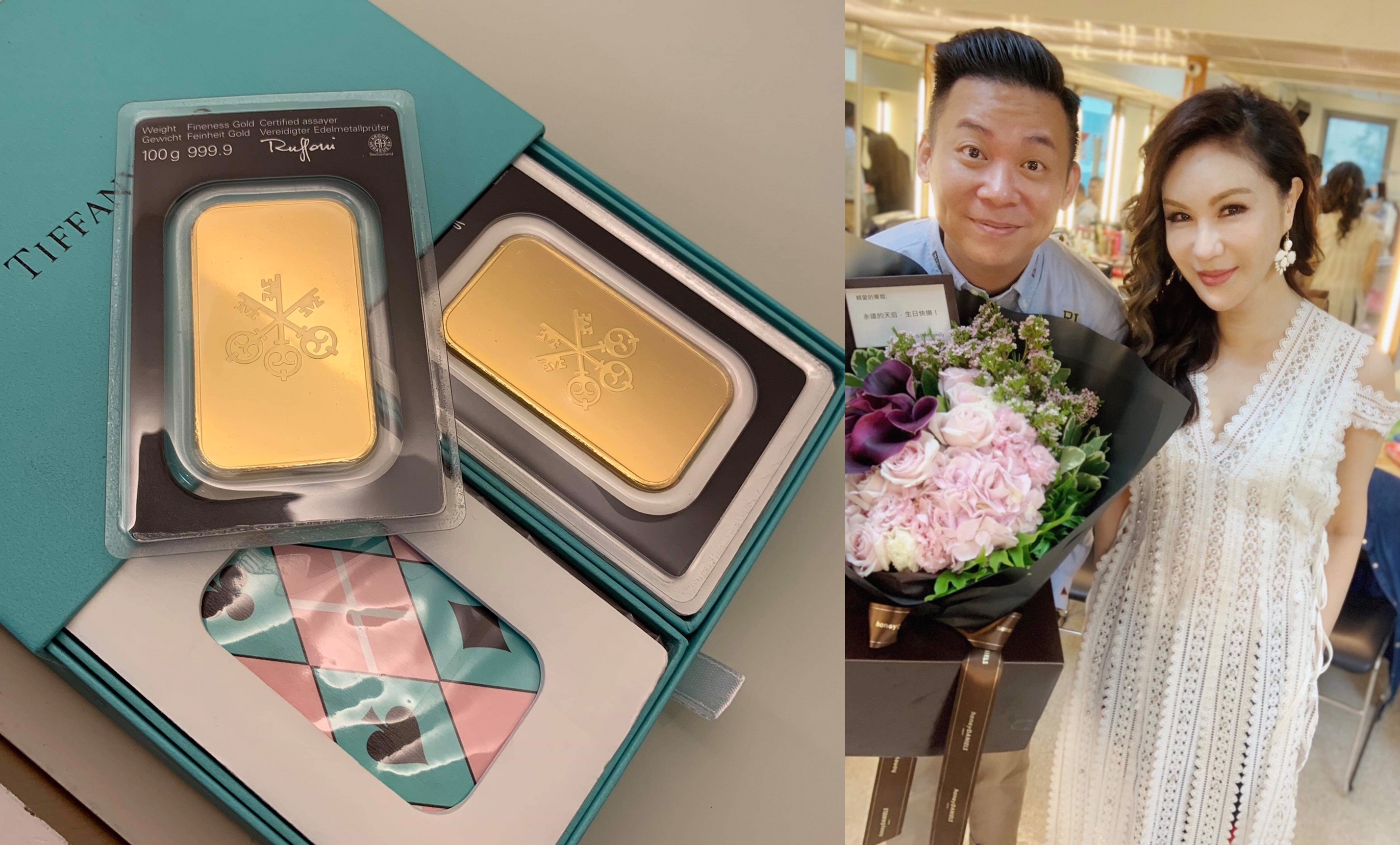 利菁的老公送給她的生日禮物竟然是金子兩塊，雖然生日要錄影一整天，一早就收到花束，讓她很開心，左為製作人孫樂欣。（利菁提供）