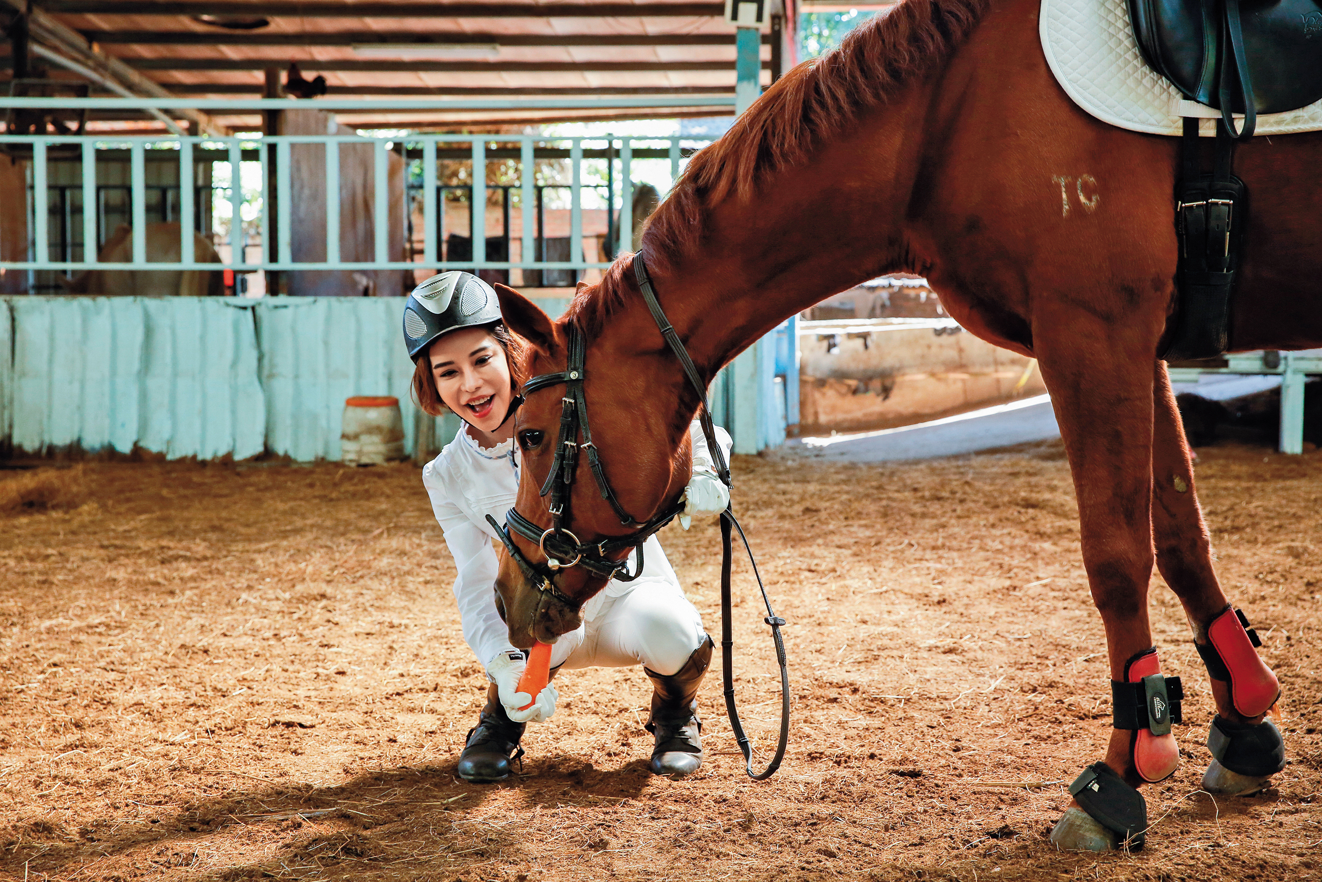 斯容跟馬場的教學馬「萌萌」感情很好，萌萌最喜歡跟她撒嬌討胡蘿蔔吃。