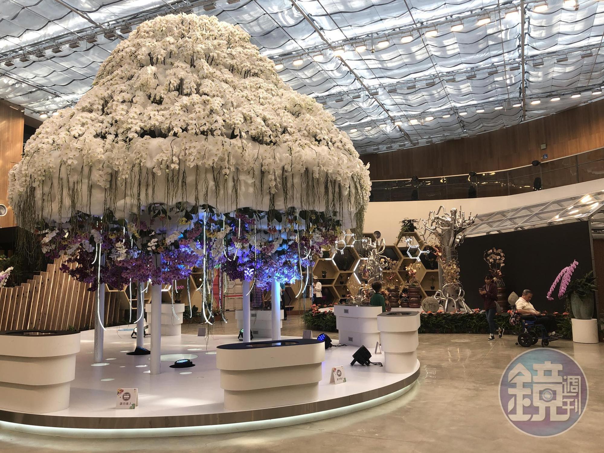 花舞館內有以上千株珍貴蘭花為概念發想設計的花海瀑布。
