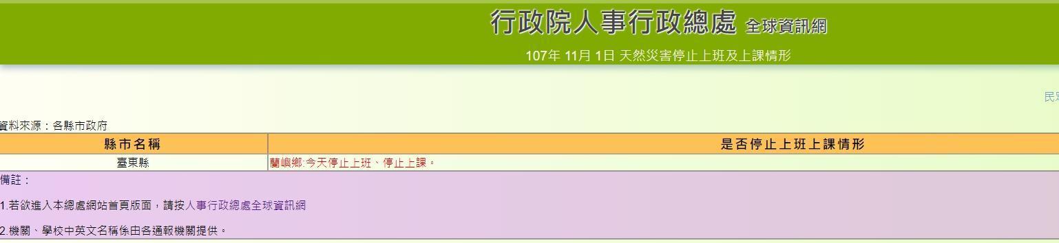 台東縣政府宣布蘭嶼停班停課一天。(翻攝行政院人事總處)