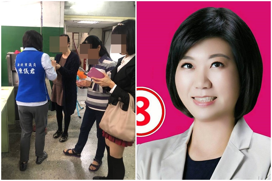 新北市議員陳儀君昨日在新店北新國小內拜票發放文宣品，疑似違反學校行政中立規定。（左圖讀者提供，右圖翻攝陳儀君議員臉書）