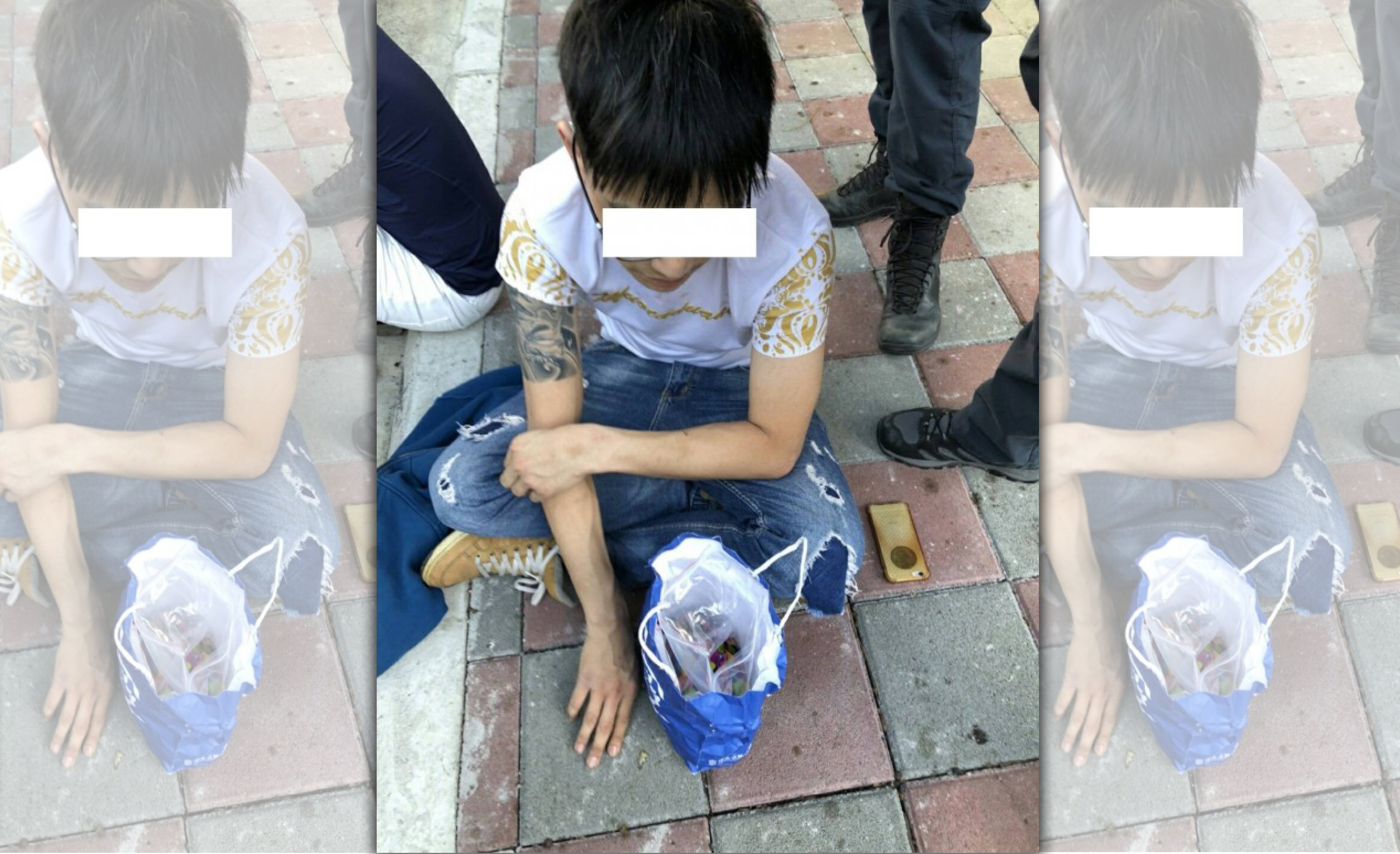 警方盤查江男，他一臉懊惱。（警方提供）