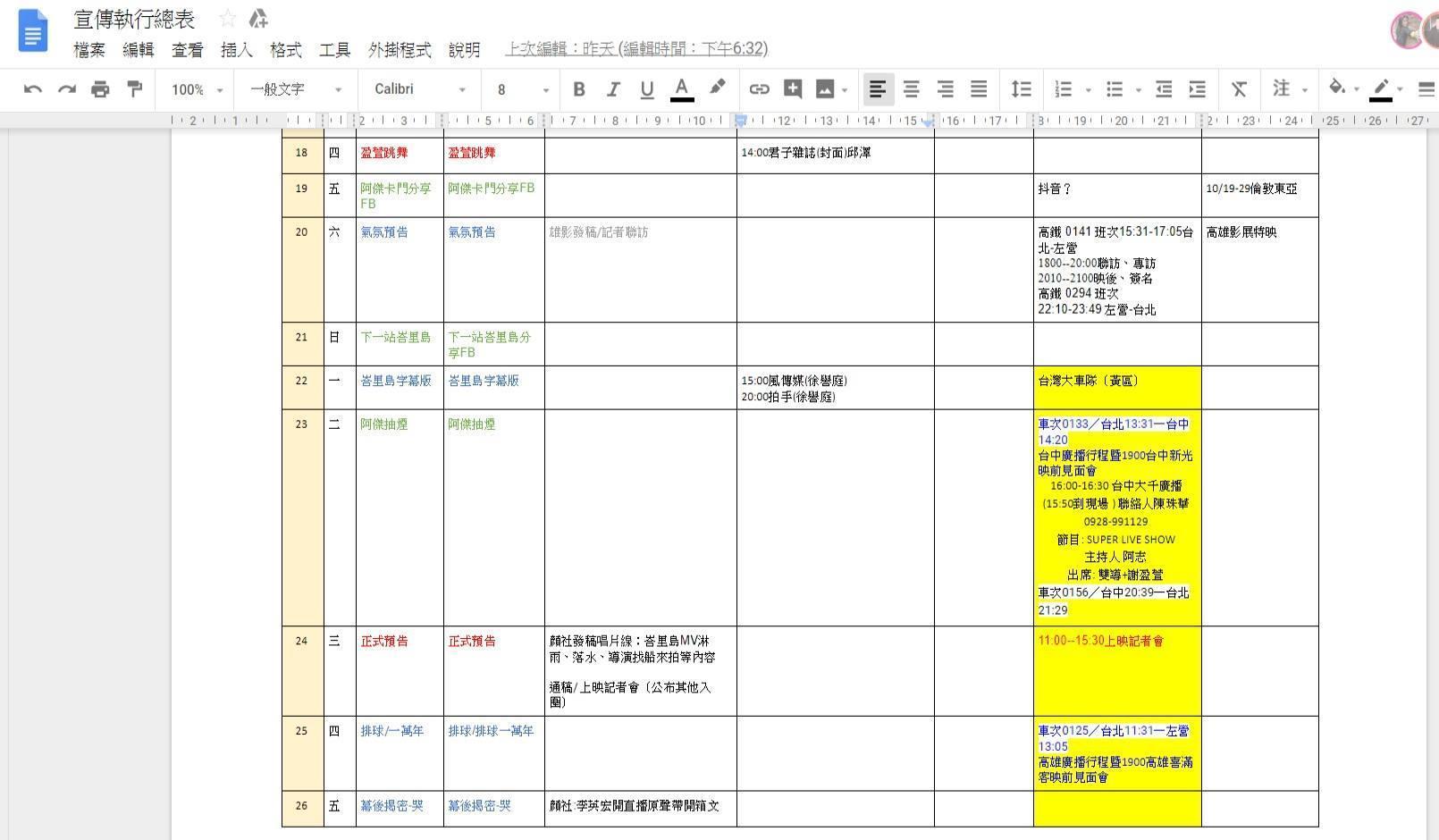 徐譽庭慣於用表格解決問題,把宣傳素材與行程也製作成詳盡的表格。(親愛的工作室提供)