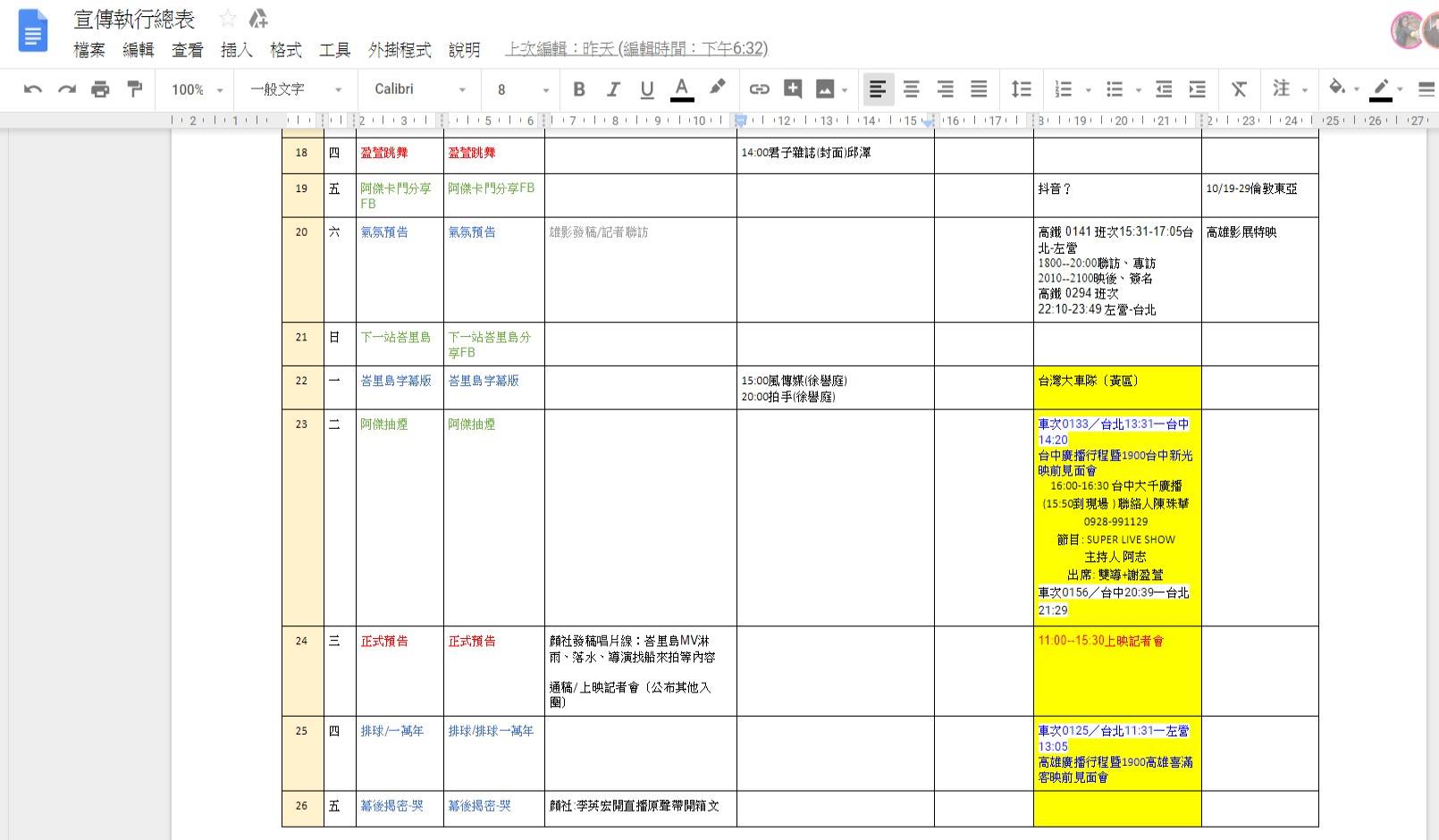 徐譽庭慣於用表格解決問題,把宣傳素材與行程也製作成詳盡的表格。(親愛的工作室提供)