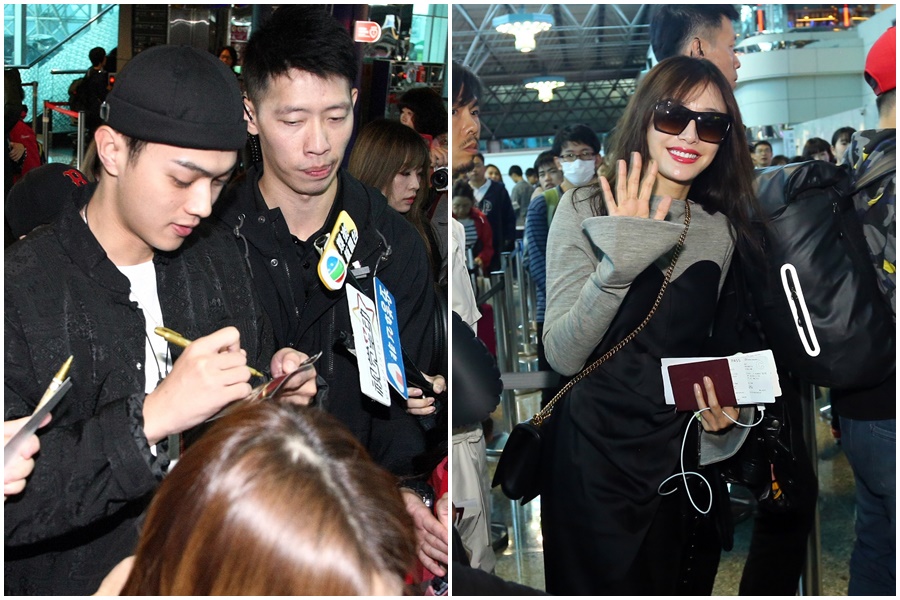 許凱一到機場就被粉絲重重包圍要求簽名合照，戴著墨鏡的秦嵐雖略顯疲憊但笑容仍然美麗。（八大提供）