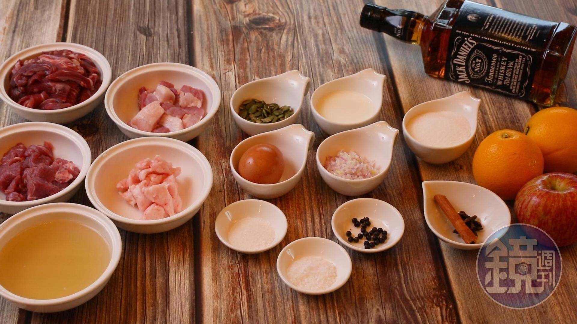 硬漢威士忌鹿肉香腸的所需食材。