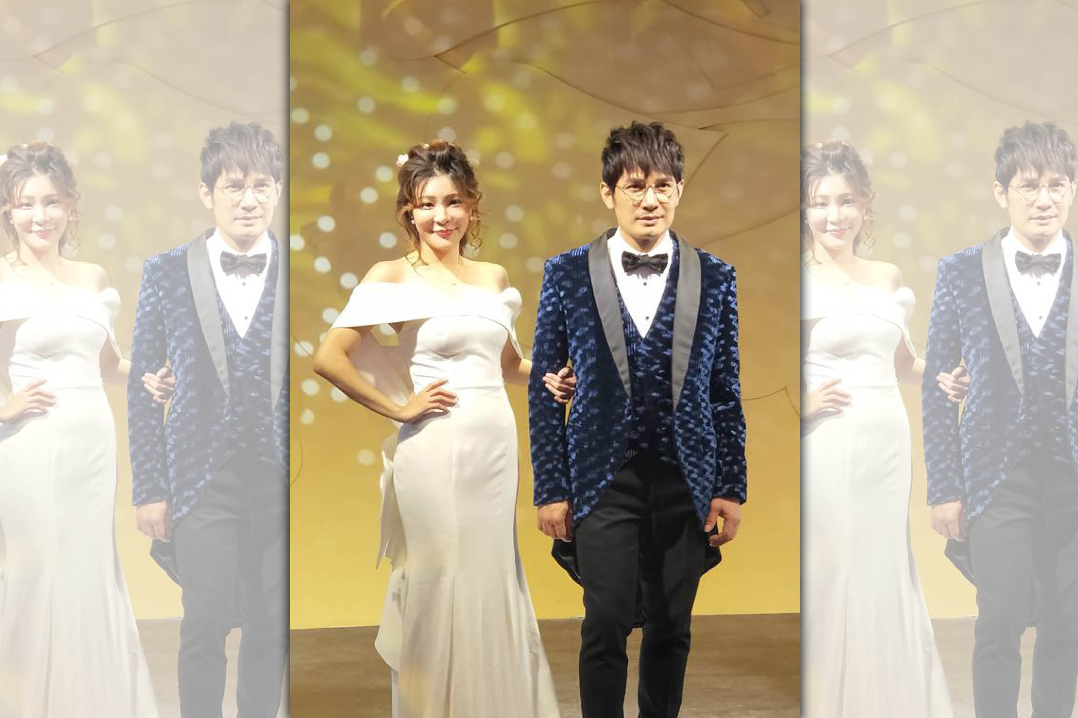 客家金曲歌王羅文裕和歌手孟慶兒今天出席「迷漾の花嫁－享婚採購祭」活動，獻出婚紗走秀處女秀。（樂覓互動科技提供）