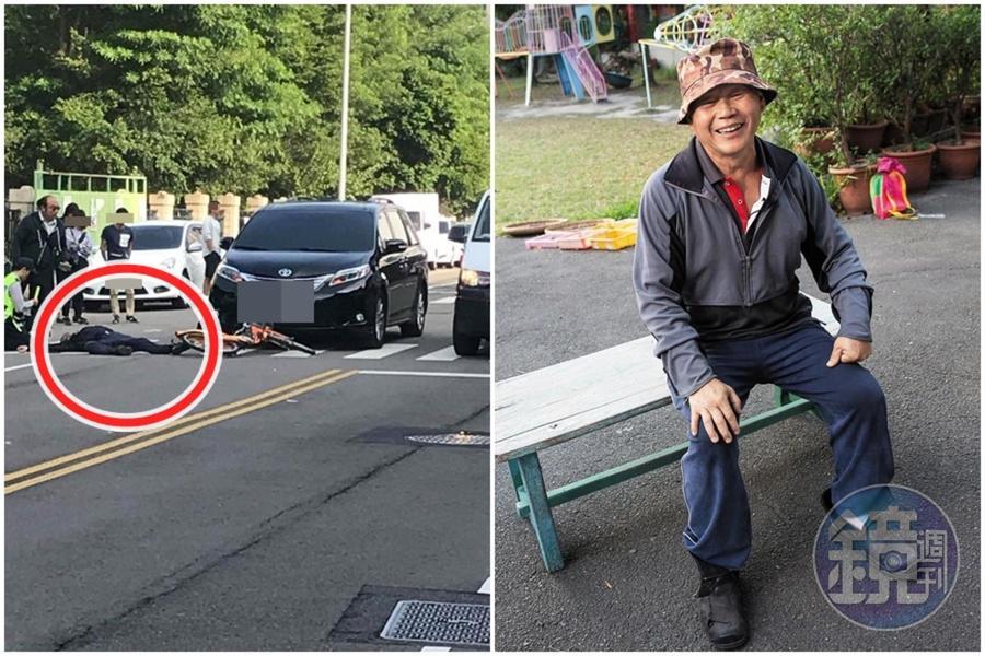 黎明幼兒園園長林金連今早騎著腳踏車撞上台中市長林佳龍靜止的座車。（左圖翻攝自徐玉紅臉書）