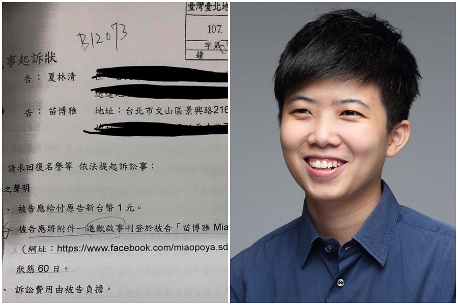 輔大心理系教授夏林清向苗博雅和性侵案受害女學生請求「損害賠償」。（苗博雅臉書）