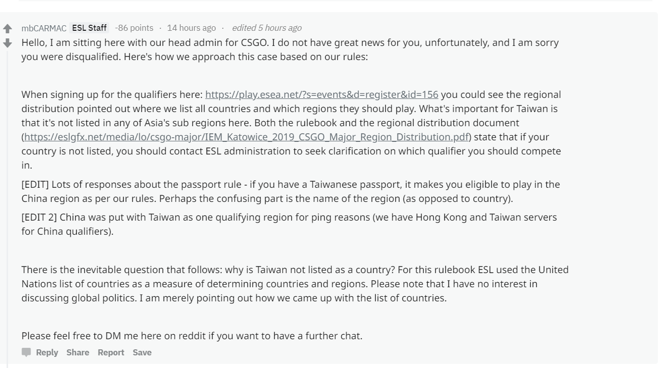 ESL在Reddit上的官方說明（圖片來源：翻攝自Reddit）