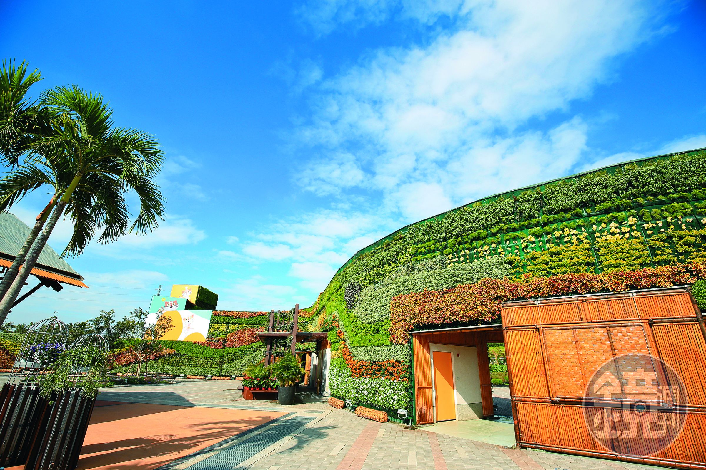 長約76公尺的田園綠牆，代表河階地勢從低到高的變化，上頭植滿河階獨有花卉與蕨類。