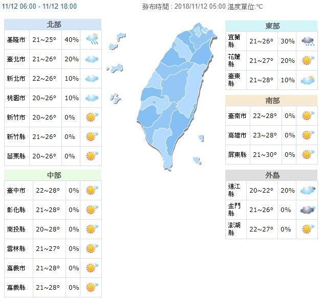 11月12日天氣預報。(中央氣象局提供)