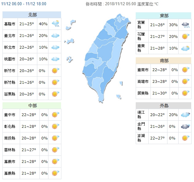 11月12日天氣預報。(中央氣象局提供)
