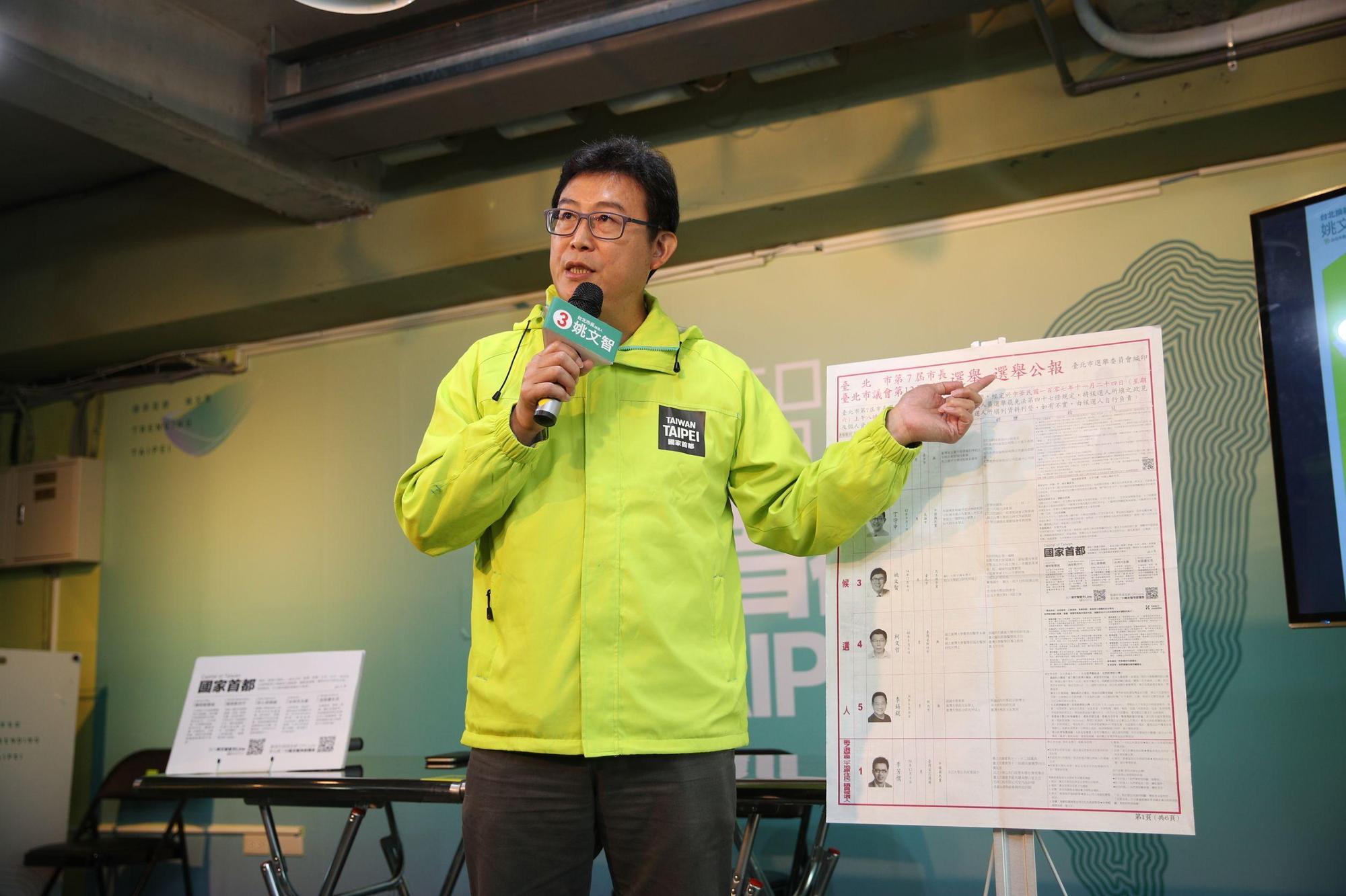 民進黨台北市長候選人姚文智今以「一丈差九尺」質疑黨內輔選資源不夠。(姚文智競選辦公室提供)