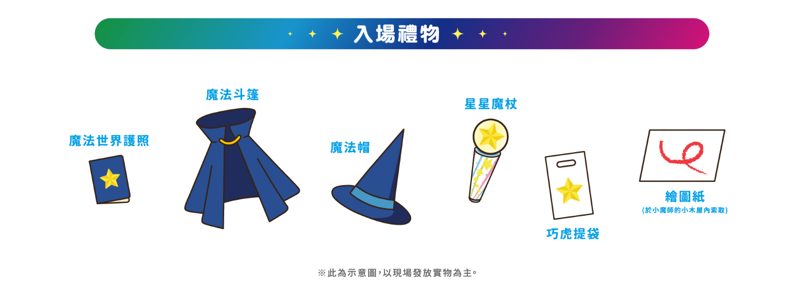 入場就送多樣精美小禮,除了魔法世界護照,還有魔法斗篷、魔法帽,讓孩子化身成神奇魔法師!