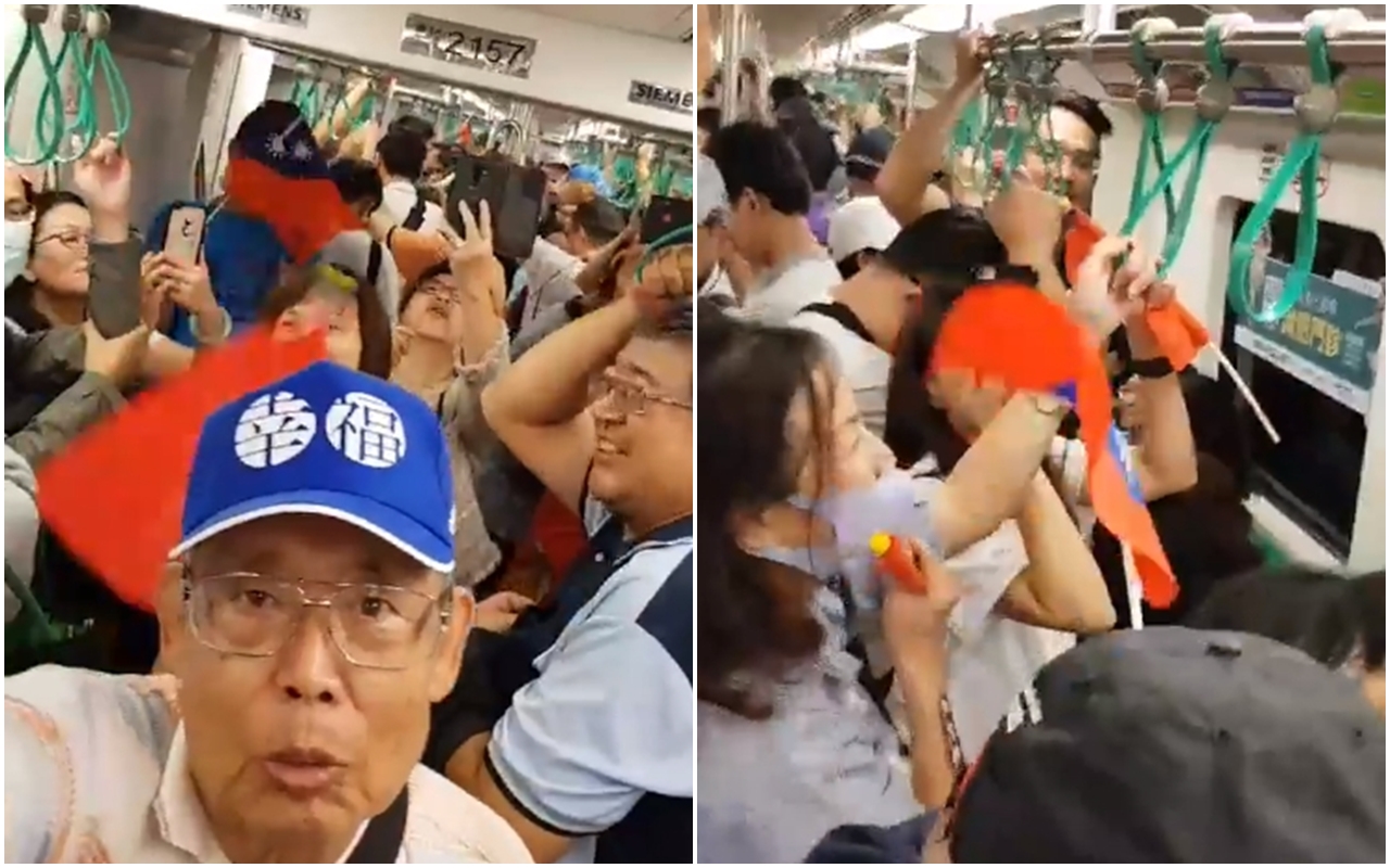 韓國瑜造勢活動結束後，韓粉們竟然意猶未盡，就在高捷車廂上再度齊唱〈夜襲〉。（翻攝自蔡正元臉書）