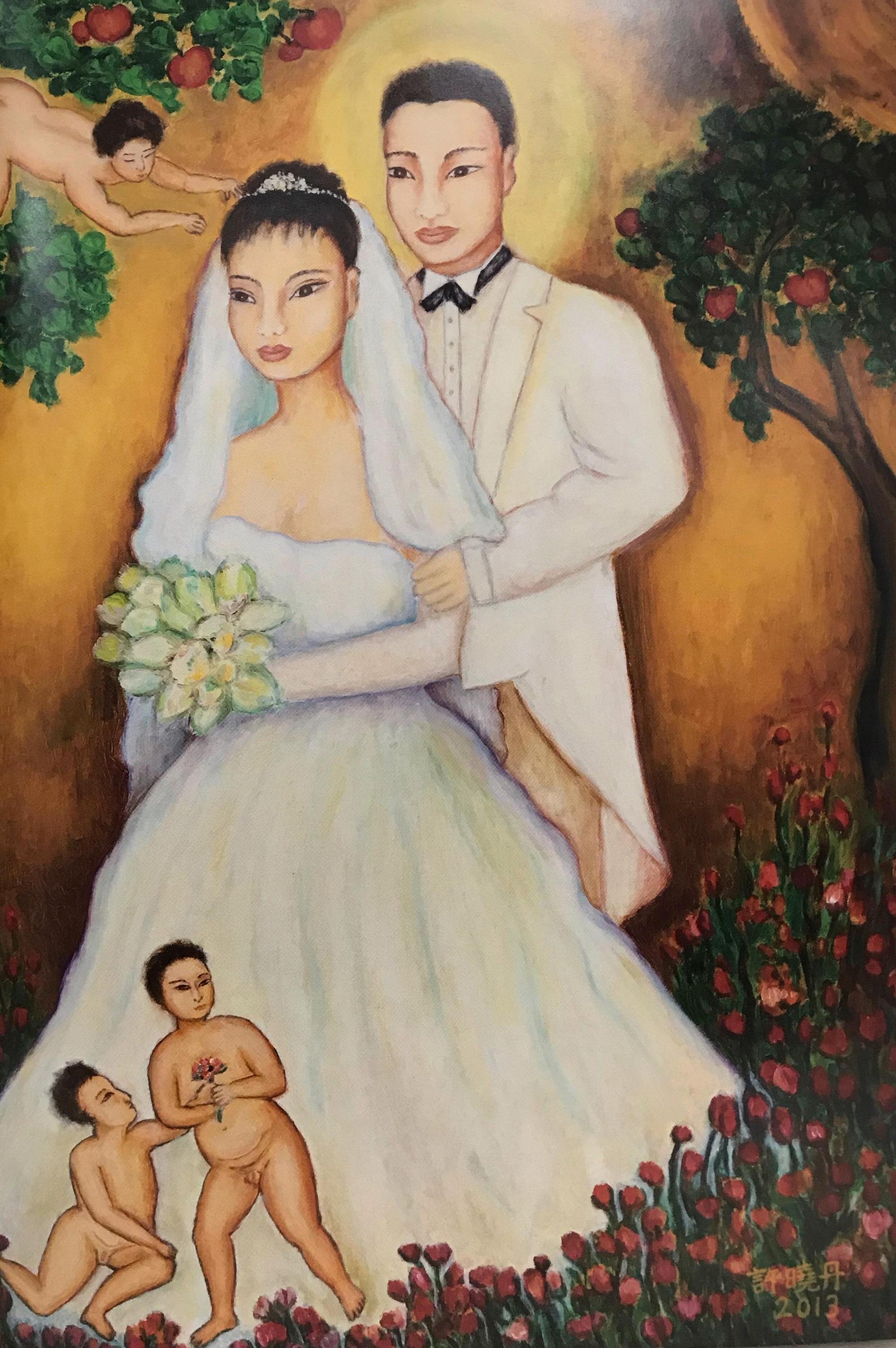 丈夫走後一年,許曉丹完成畫作「心靈喜樂」,她說這是第一次提筆畫先生,先生雖然無法陪她終老,但已讓她沒有遺憾。(許曉丹提供)