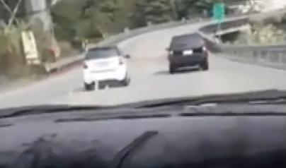 網友拍下往谷關公路上,白車超車未注意前方有分隔錐,網友笑翻。(翻攝自爆料公社)